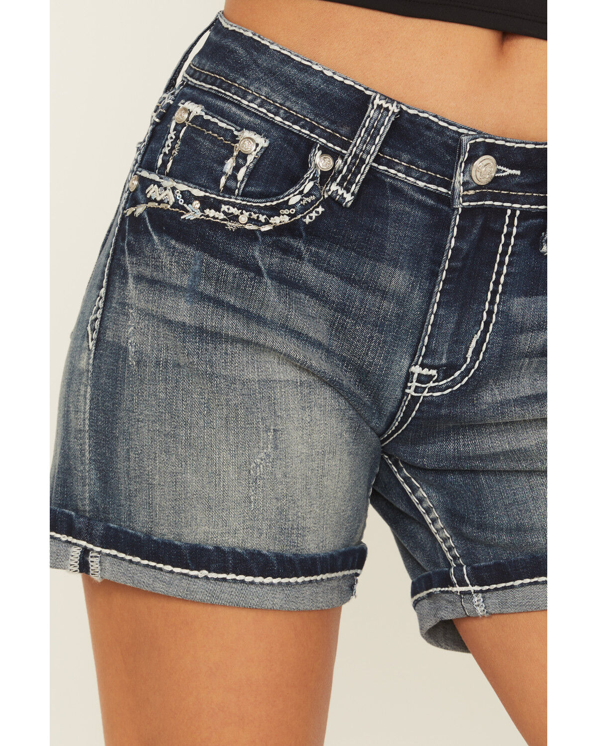 Grace In LA Women's Medium Wash Mid Rise Embroidered Stretch Denim Shorts