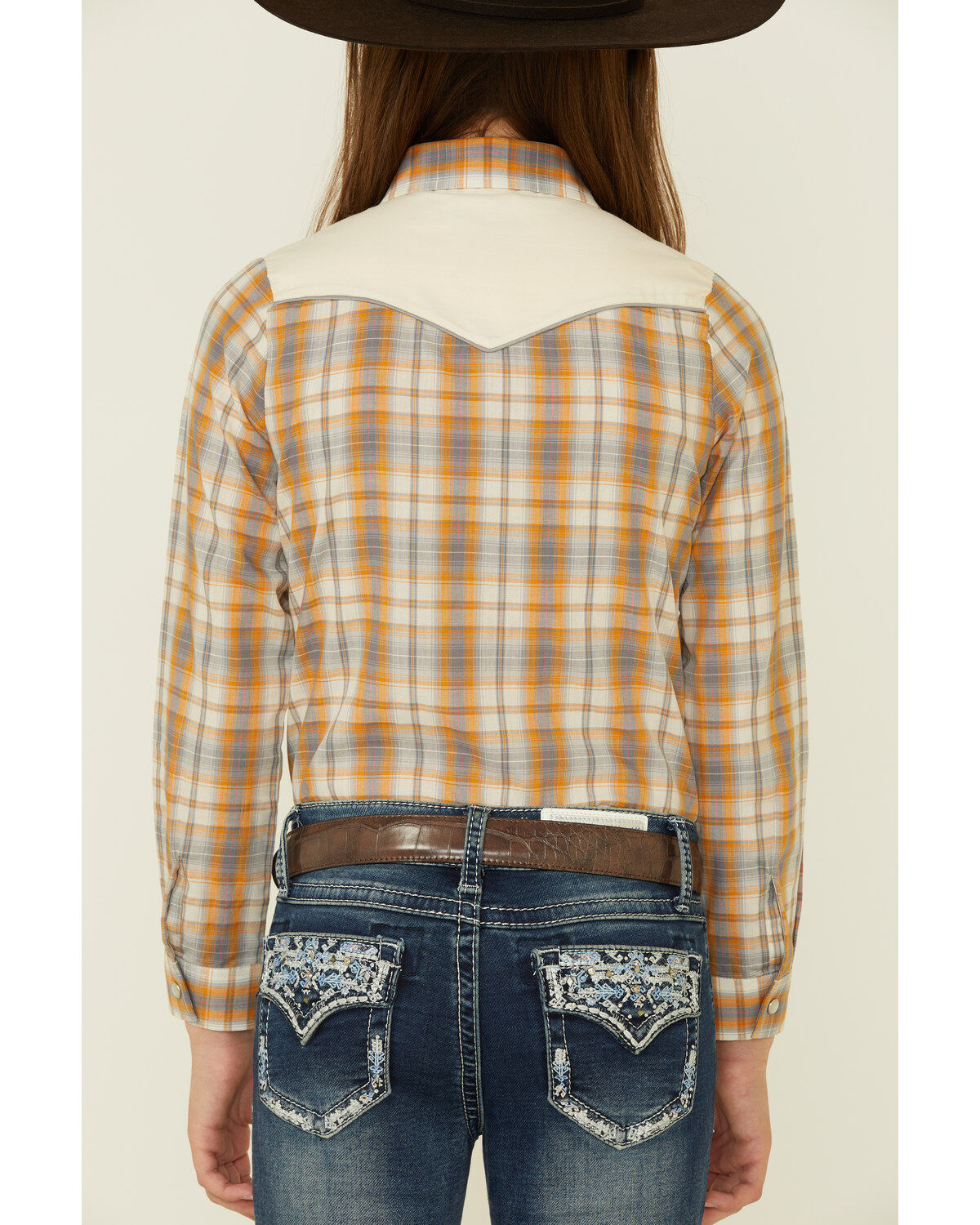 Roper Girls' Plaid Print Fancy Applique Yoke Long Sleeve Pearl Snap Western Shirt