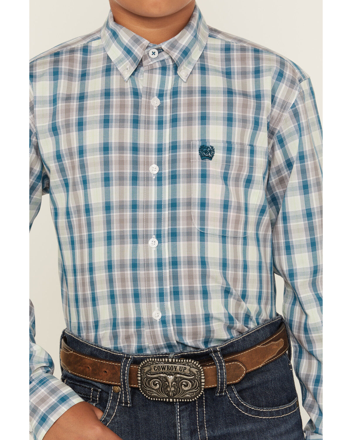 Cinch Boys' Plaid Print Long Sleeve Button-Down Western Shirt