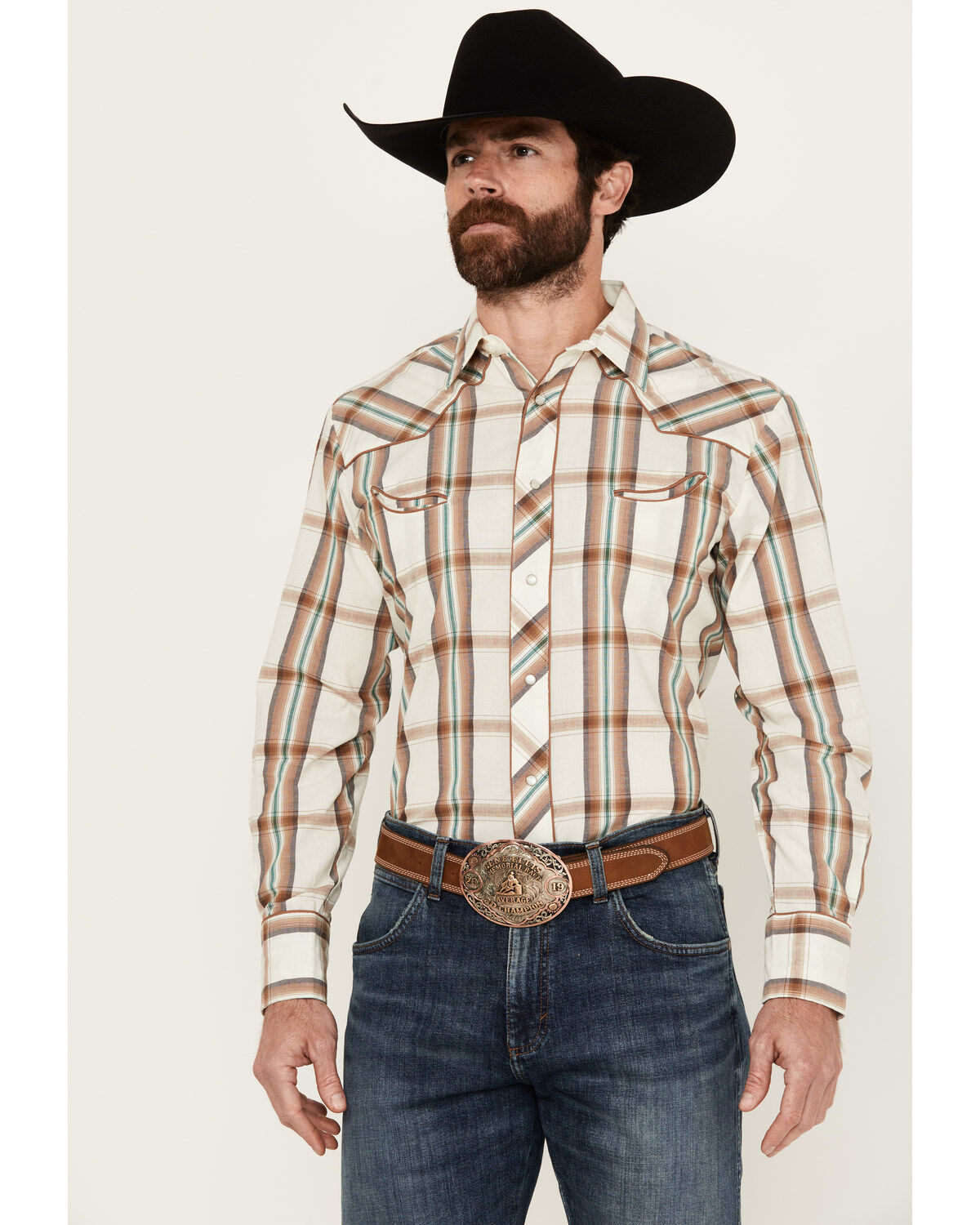 Roper Men's Plaid Print Long Sleeve Pearl Snap Western Shirt