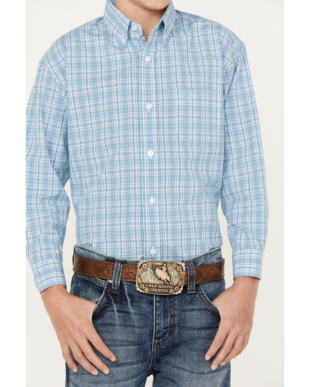 Panhandle Select Boys' Small Plaid Print Long Sleeve Button Down Western Shirt