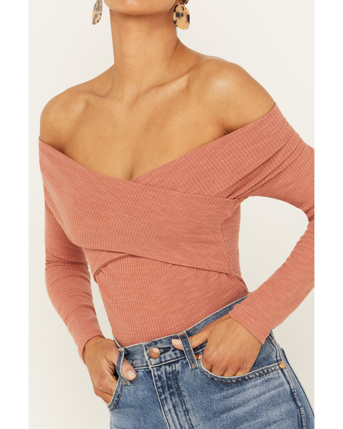 Very J Women's Long Sleeve Cross Front Ribbed Top