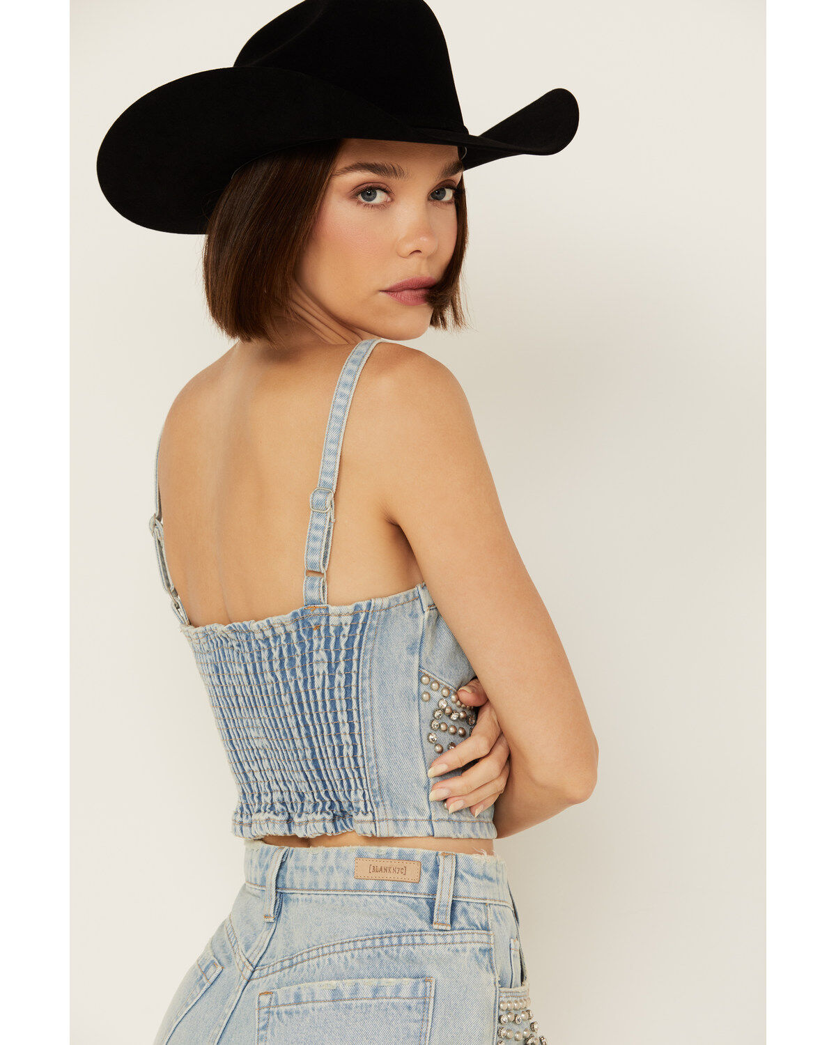 Blank NYC Women's Light Wash Starstruck Embellished Denim Crop Top