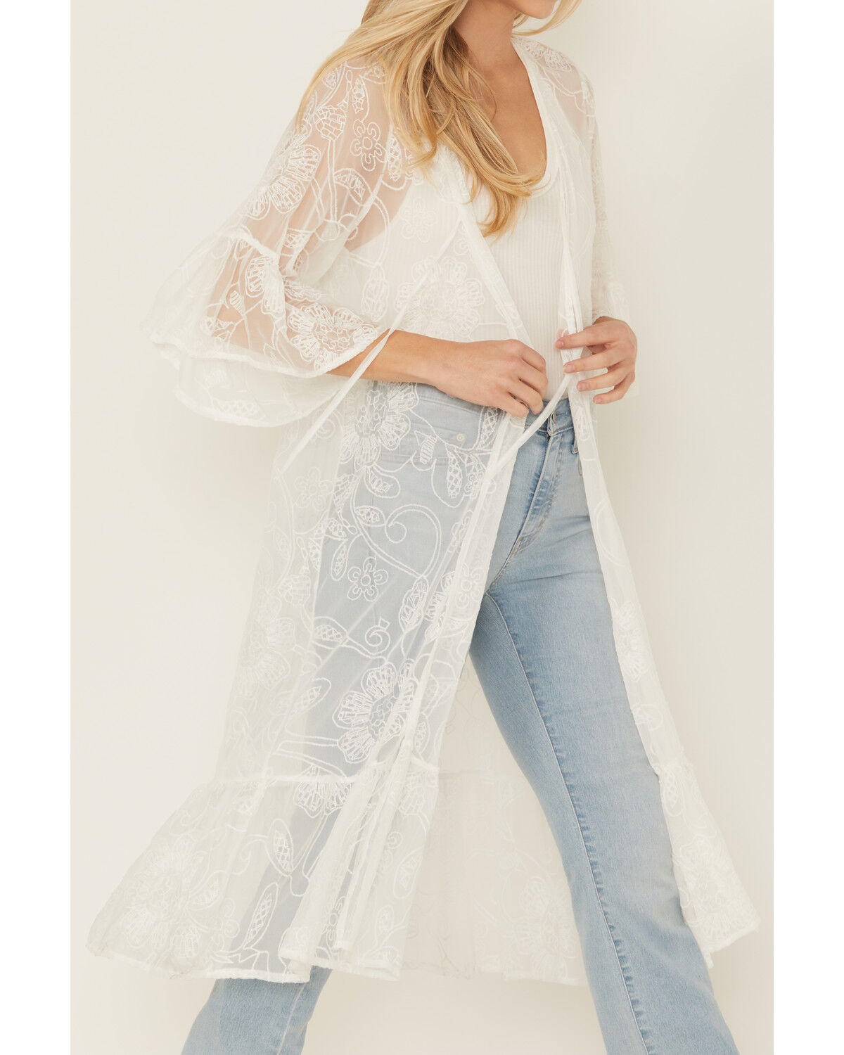 Shyanne Women's Tie-Front Embroidered Mesh Kimono