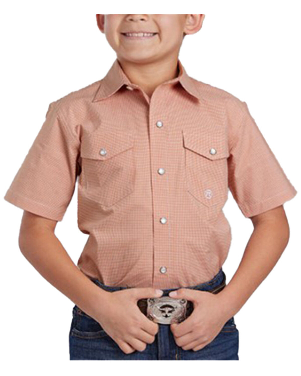 Roper Boys' Gingham Print Short Sleeve Pearl Snap Stretch Western Shirt