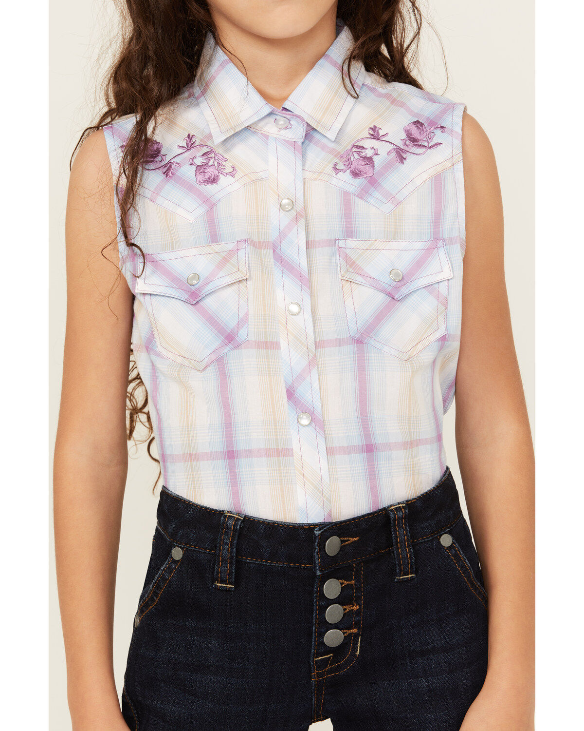 Ely Walker Girls' Plaid Print Embroidered Sleeveless Pearl Snap Western Shirt