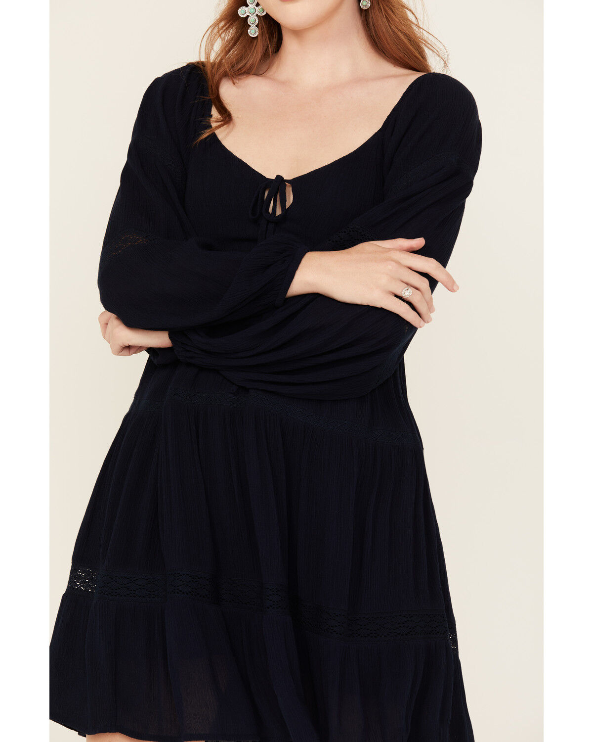 Jolt Women's Lace Trim Long Sleeve Tiered Mini Dress