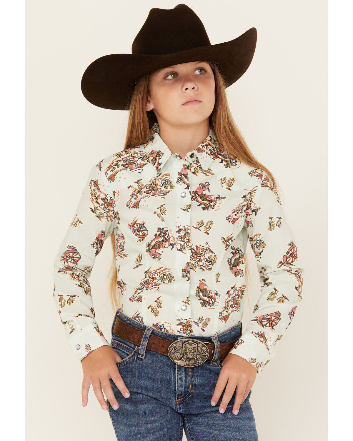 Cruel Girl Girls' Printed Long Sleeve Rhinestone Snap Western Shirt