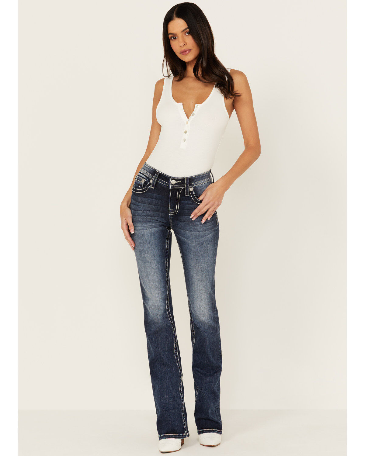 Miss Me Women's Dark Wash Mid Rise Floral Longhorn Pocket Bootcut Stretch Denim Jeans