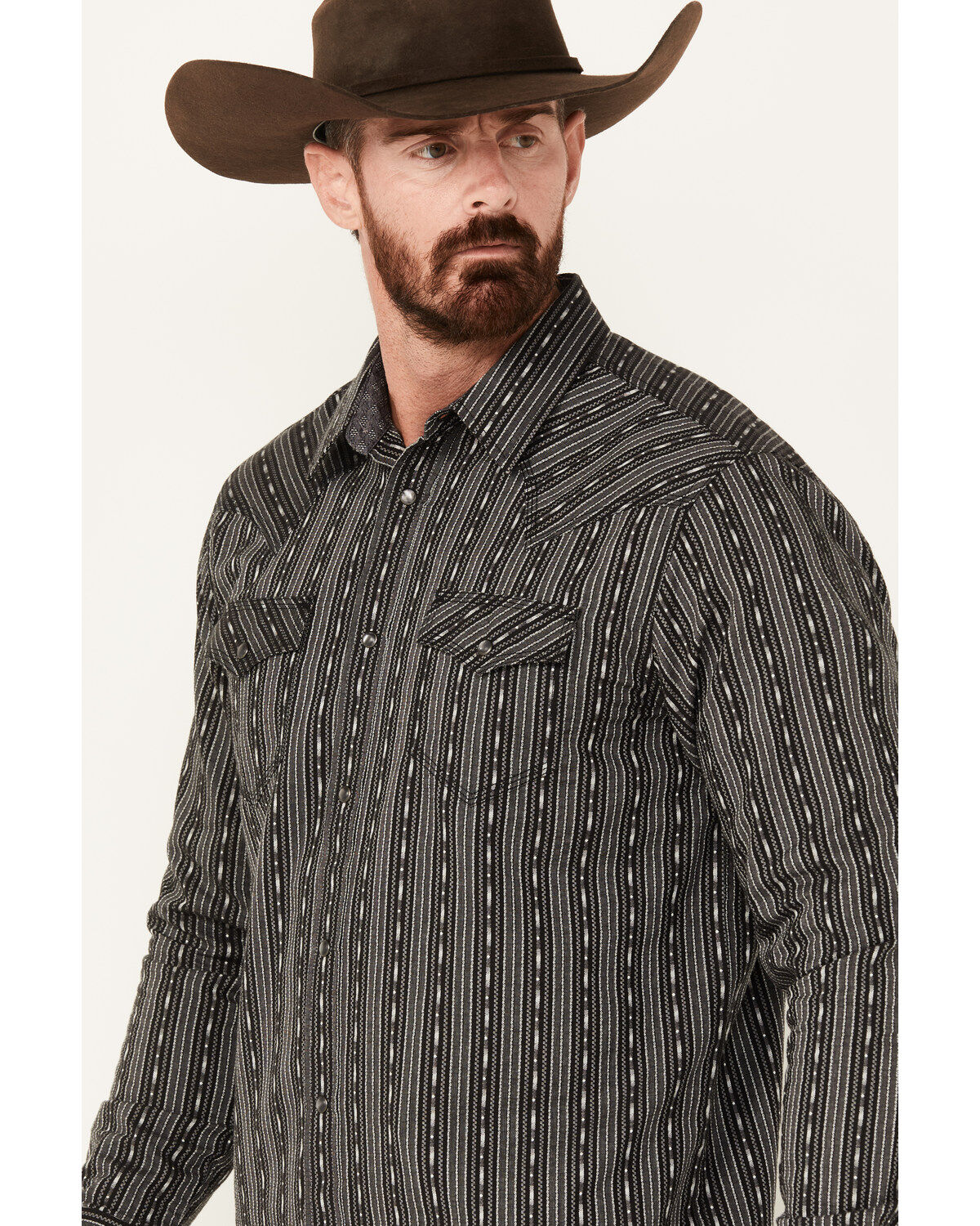 Moonshine Spirit Men's Concrete Cowboy Striped Print Long Sleeve Snap Western Shirt