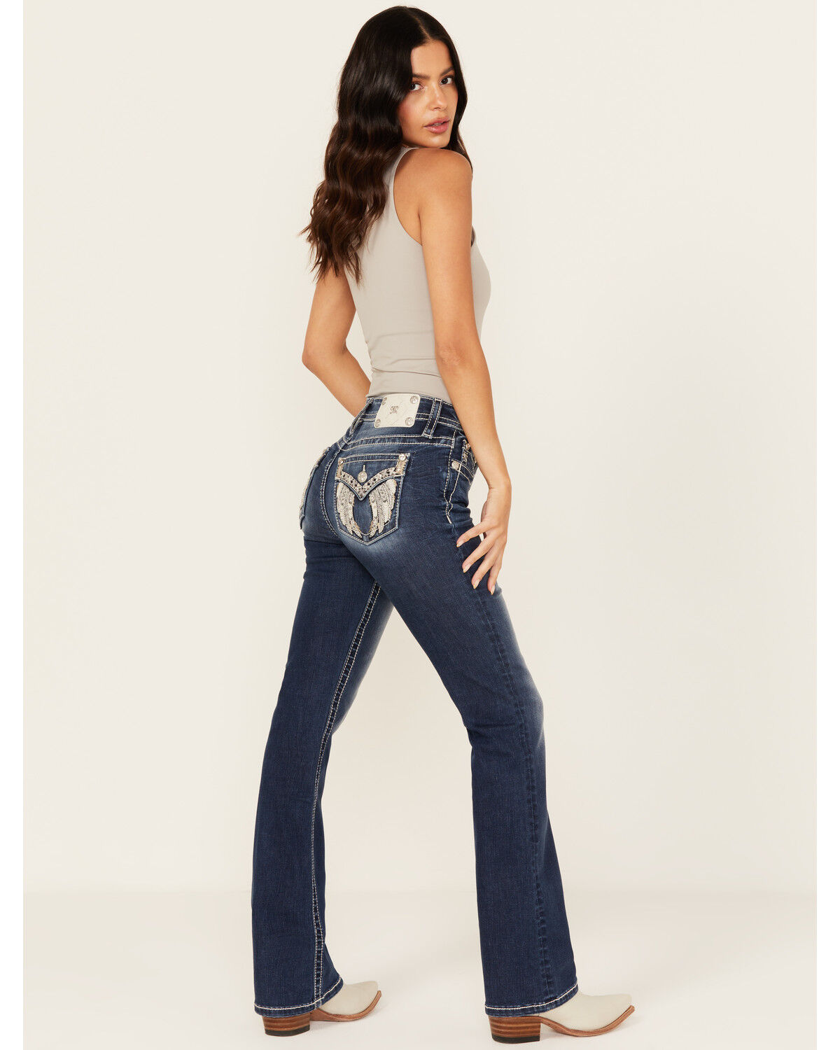 Miss Me Women's Dark Wash Mid Rise Winged Pocket Bootcut Stretch Denim Jeans