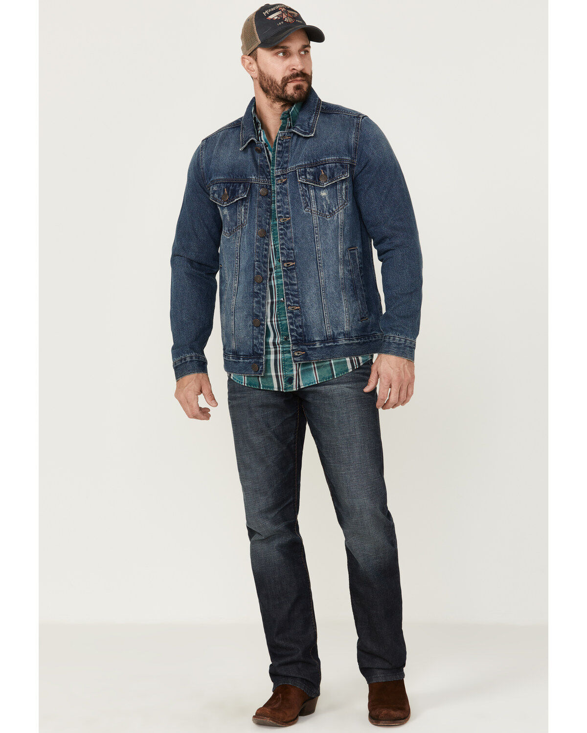 Moonshine Spirit Men's Dark Wash Button-Front Unlined Denim Trucker Jacket