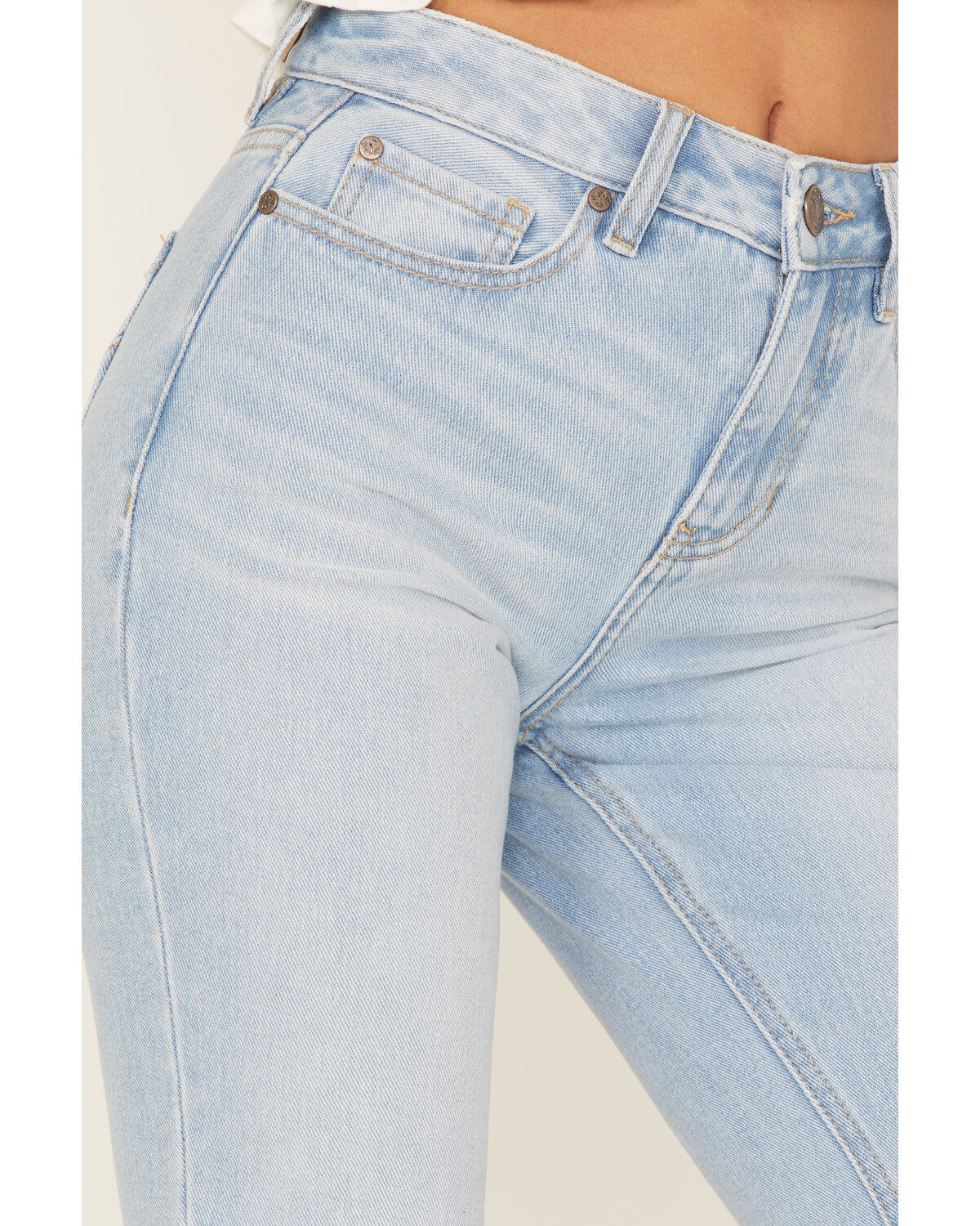 Shyanne Women's Two Tone Seamed Light Wash High Rise Flare Jeans