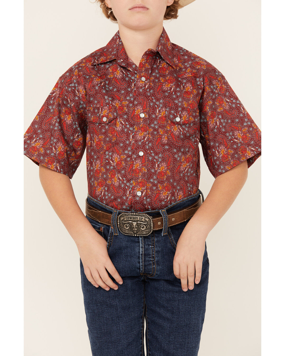 Rock & Roll Denim Boys' Paisley Print Short Sleeve Pearl Snap Stretch Western Shirt