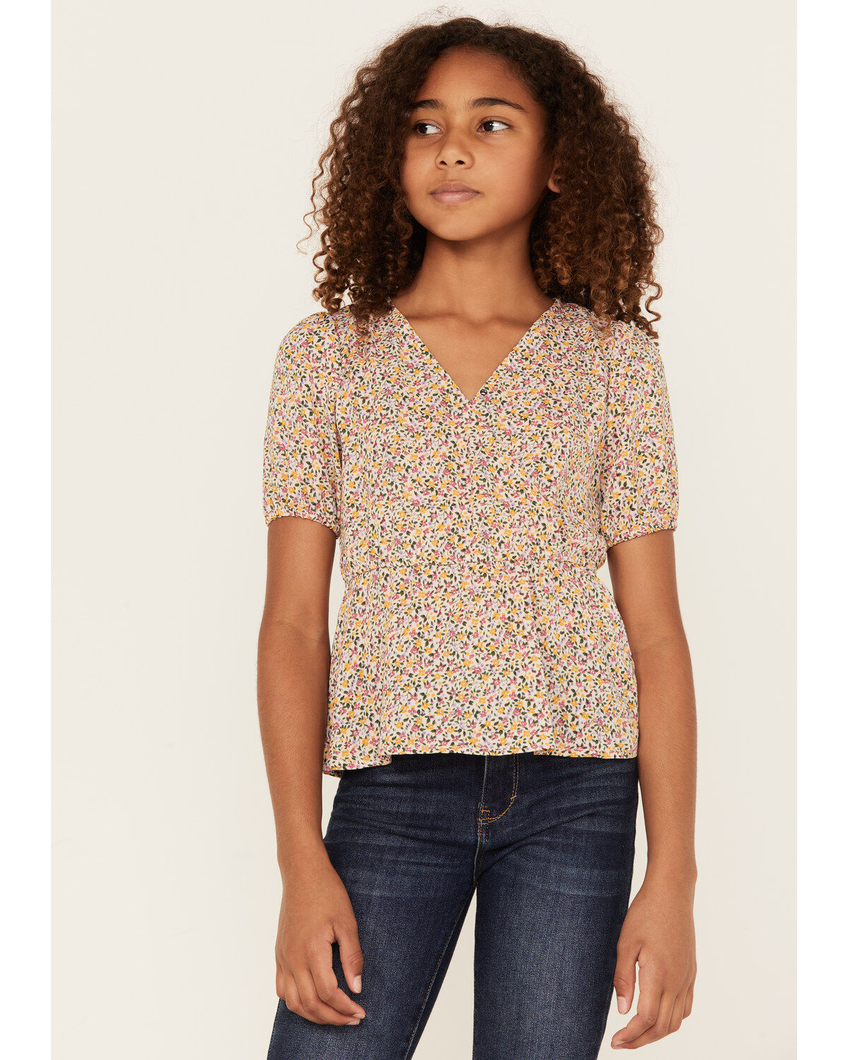 Hayden LA Girls' Ditsy Floral Print Puff Sleeve Top