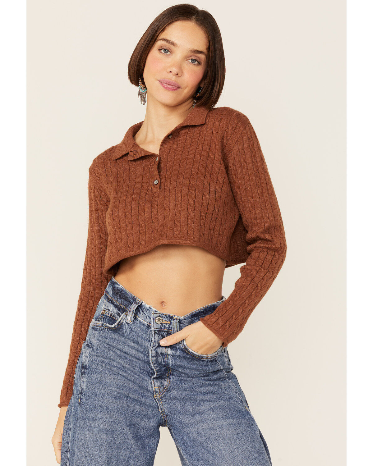 Callahan Women's Rootbeer Brown Cable Knit Long Sleeve Daisy Polo