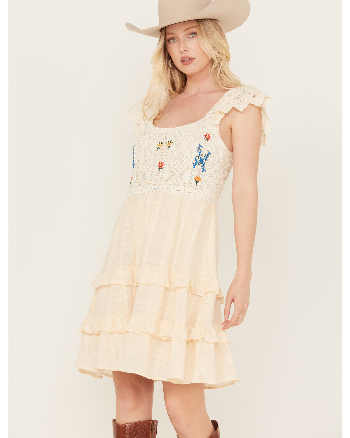 Miss Me Women's Floral Crochet Flutter Sleeveless Tier Mini Dress