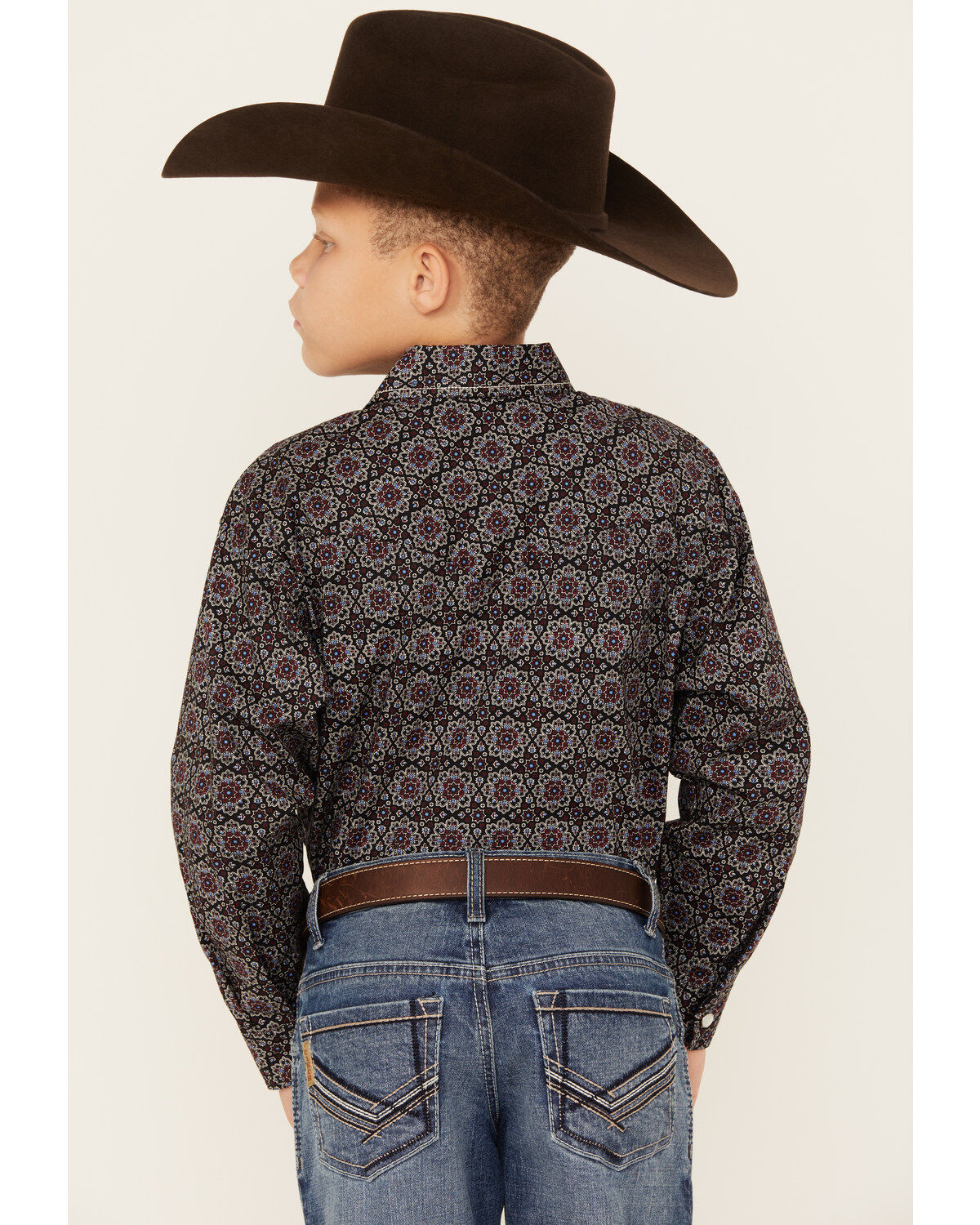 Rock & Roll Denim Boys' Medallion Print Long Sleeve Pearl Snap Stretch Shirt