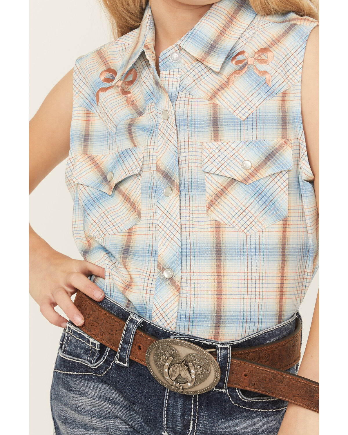 Ely Walker Girls' Plaid Print Sleeveless Snap Western Shirt