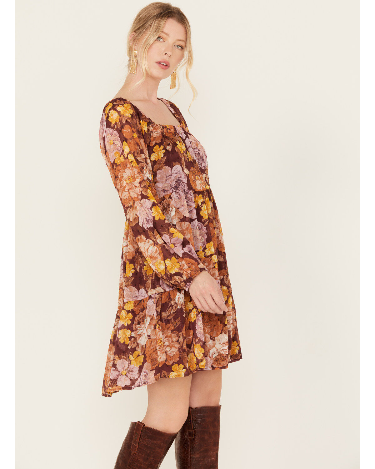 En Creme Women's Floral Print Long Sleeve Mini Dress