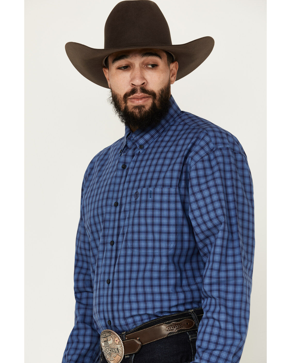 George Strait by Wrangler Men's Plaid Print Long Sleeve Button-Down Western Shirt