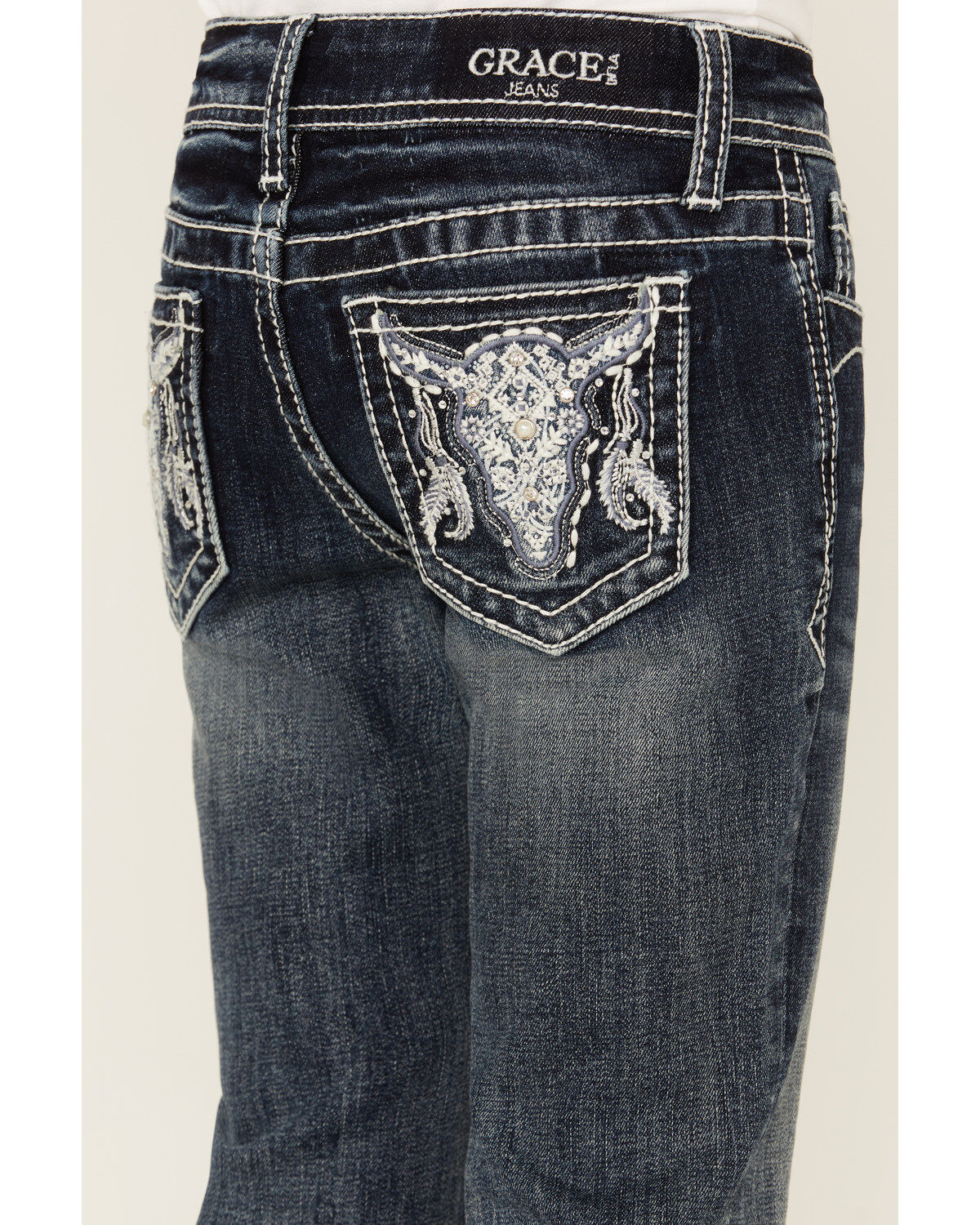 Grace in LA Girls' Medium Wash Longhorn Skull Stretch Bootcut Jeans