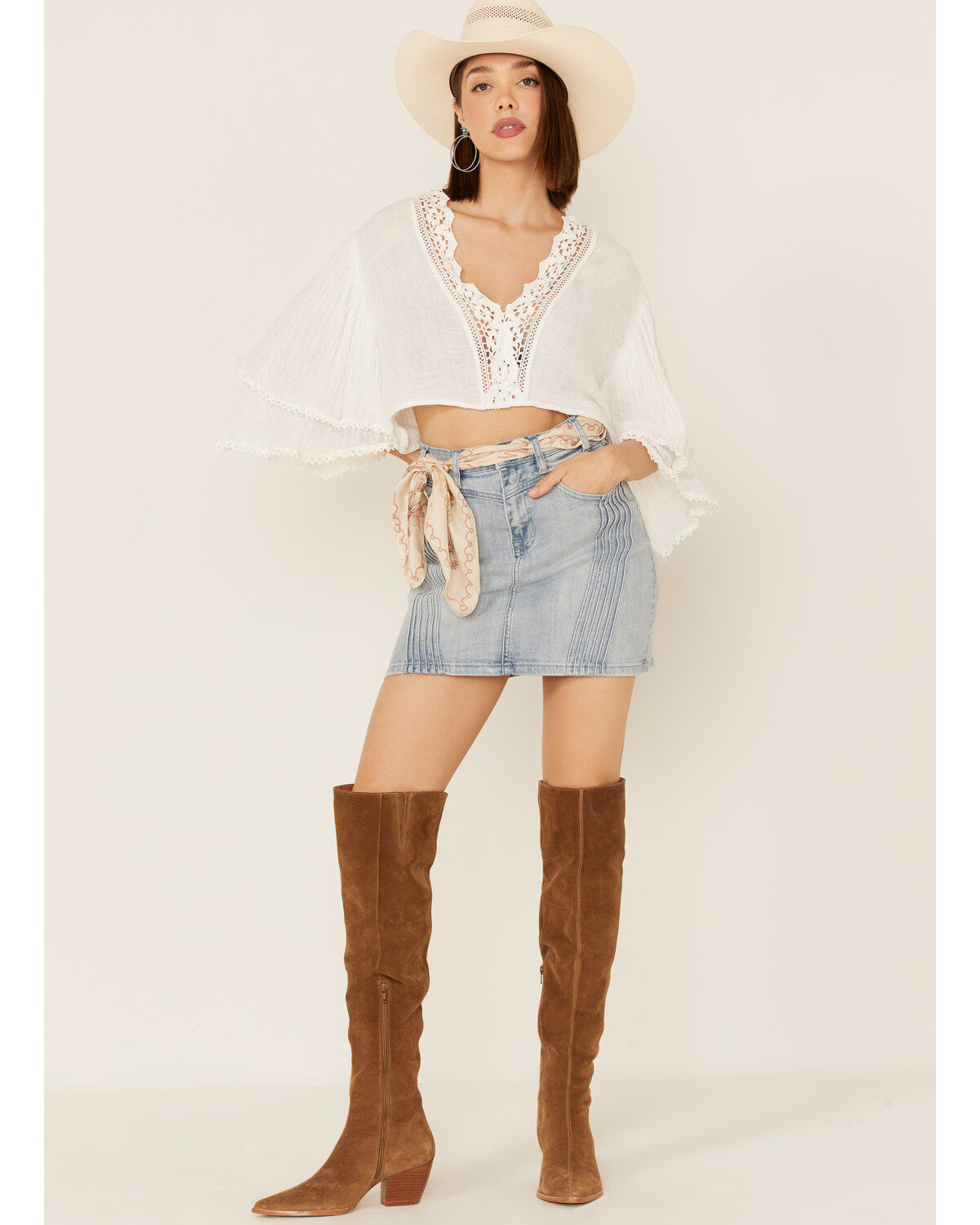 Rock & Roll Denim Women's Cowgirl Light Wash Pintuck Detail Denim Skirt
