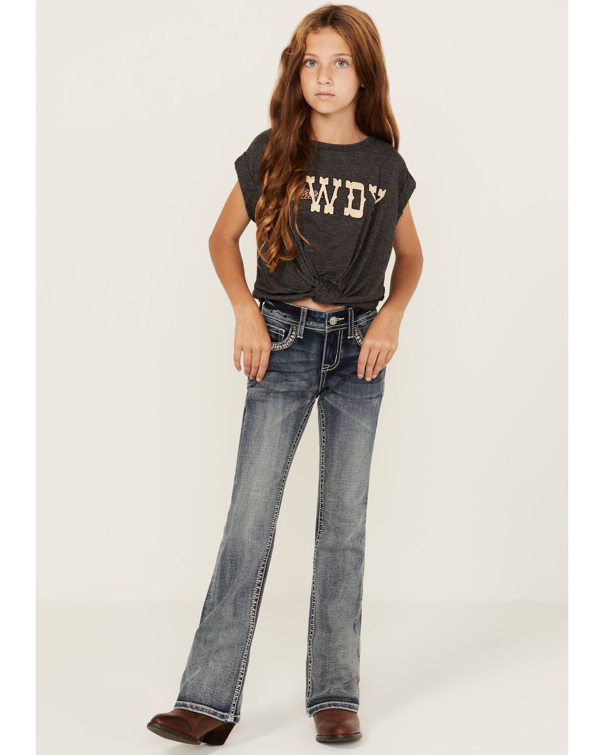 Grace in LA Girls' Medium Wash Horseshoe Embroidered Stretch Bootcut Jeans