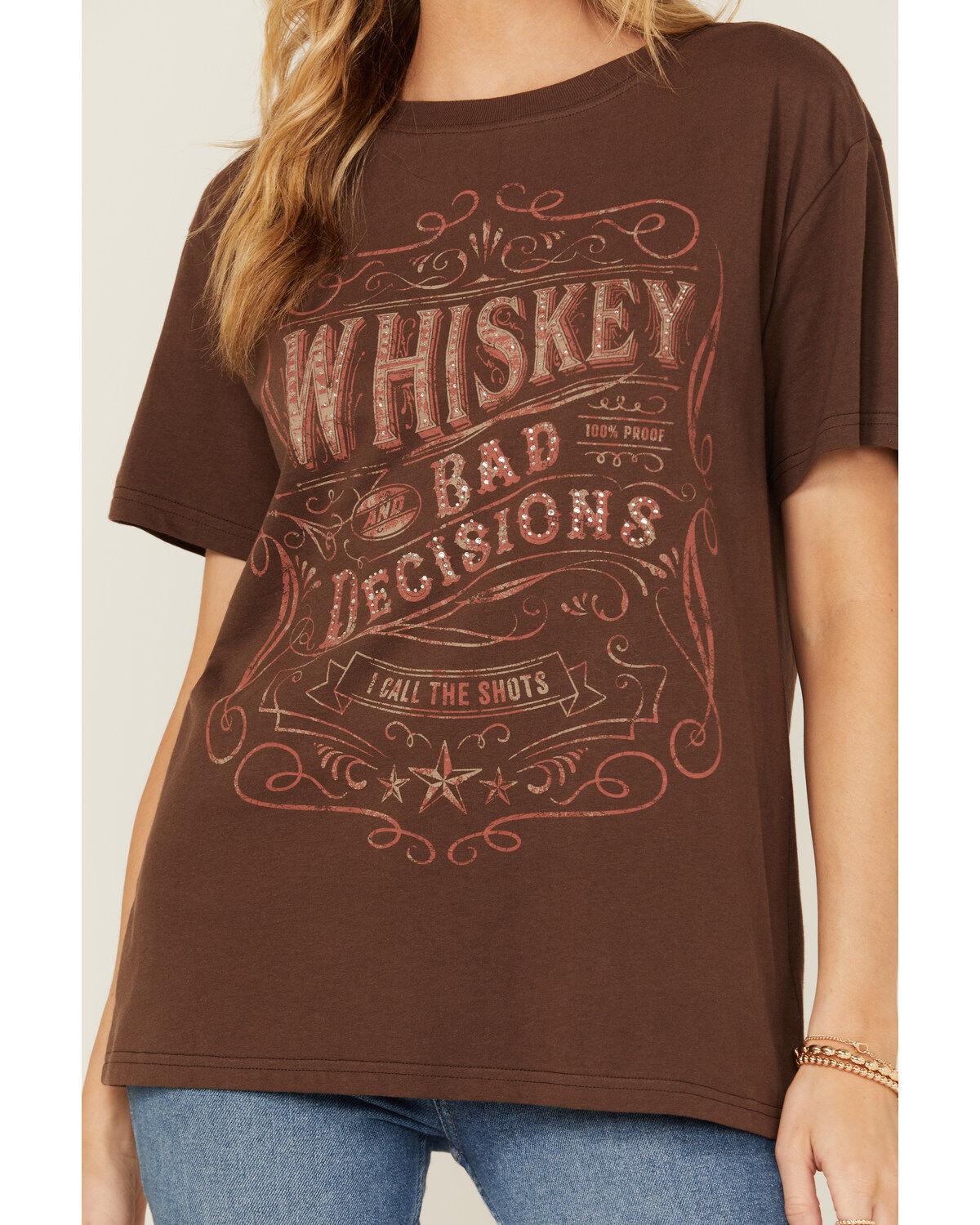 Shyanne Women's Whiskey Rhinestone Boyfriend Fit Short Sleeve Graphic Tee