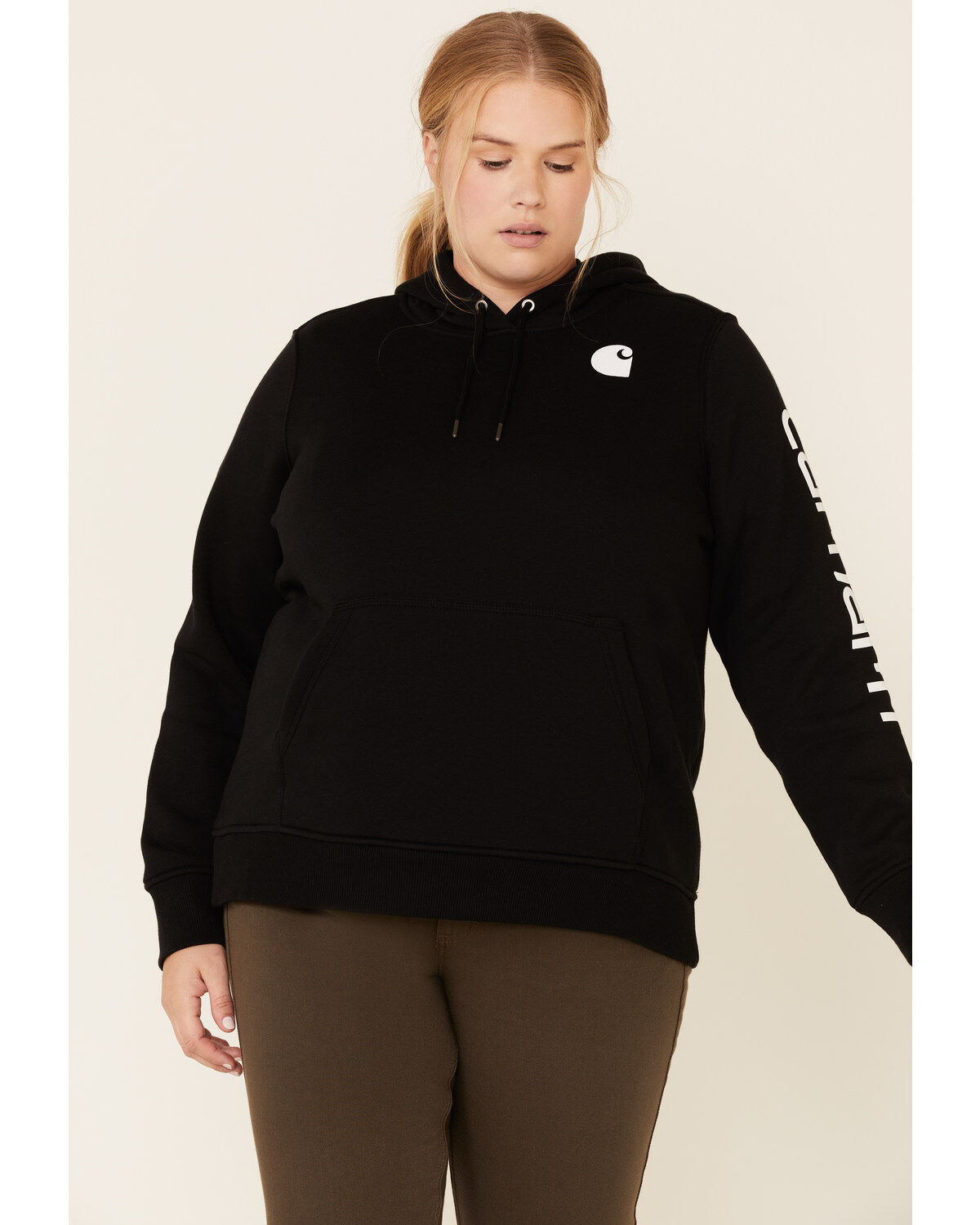 Carhartt Women's Black Clarksburg Sleeve Logo Hooded Sweatshirt - Plus