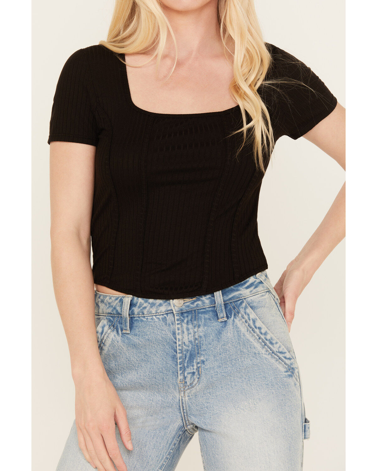 Moa Moa Women's Ribbed Corset Style Short Sleeve Top