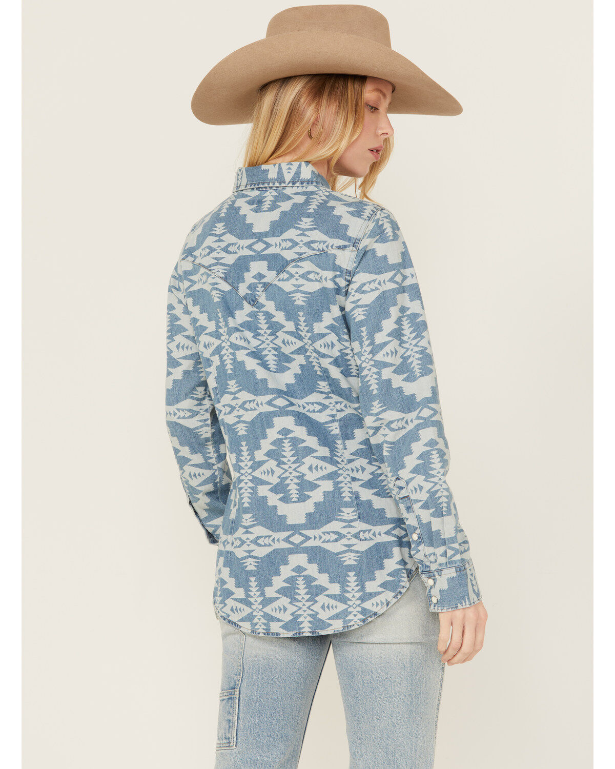 Wrangler Retro Women's Southwestern Print Long Sleeve Pearl Snap Denim Western Shirt