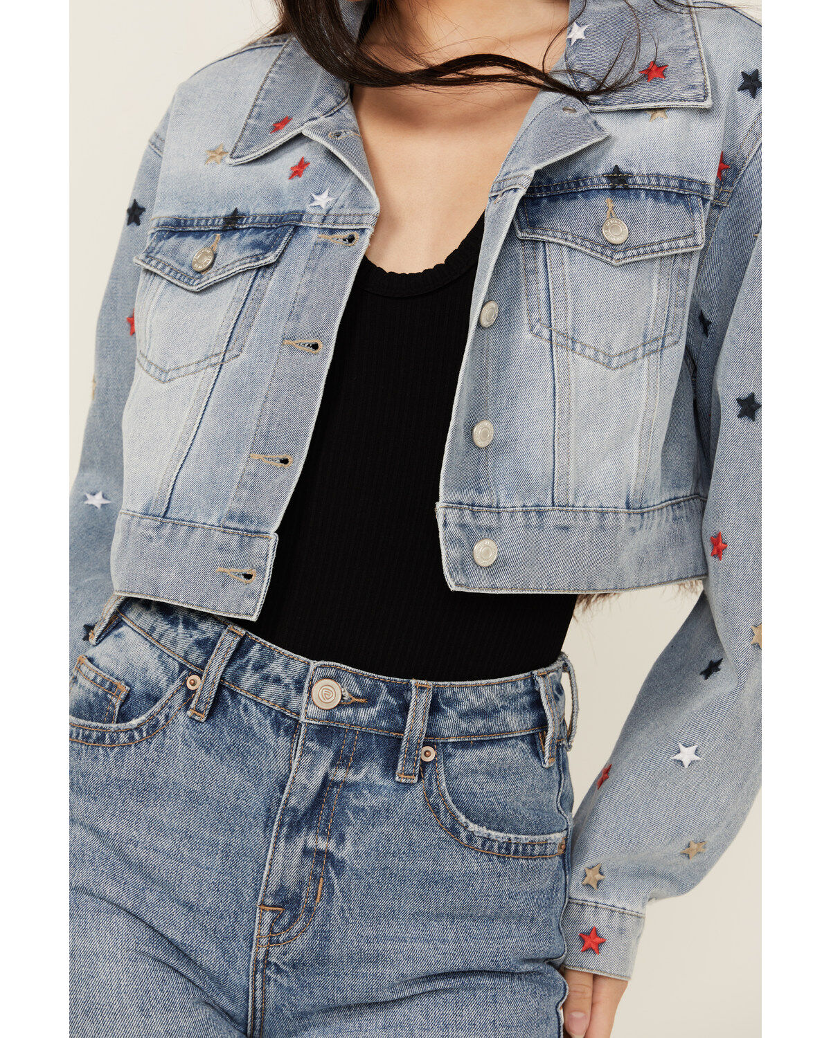 Stoosh Women's Medium Wash Star Embroidered Cropped Denim Jacket