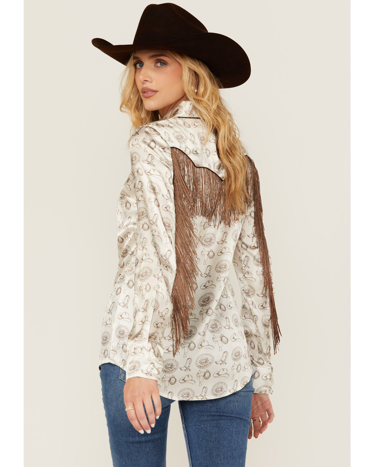 Rock & Roll Denim Women's Conversational Print Long Sleeve Fringe Snap Western Shirt