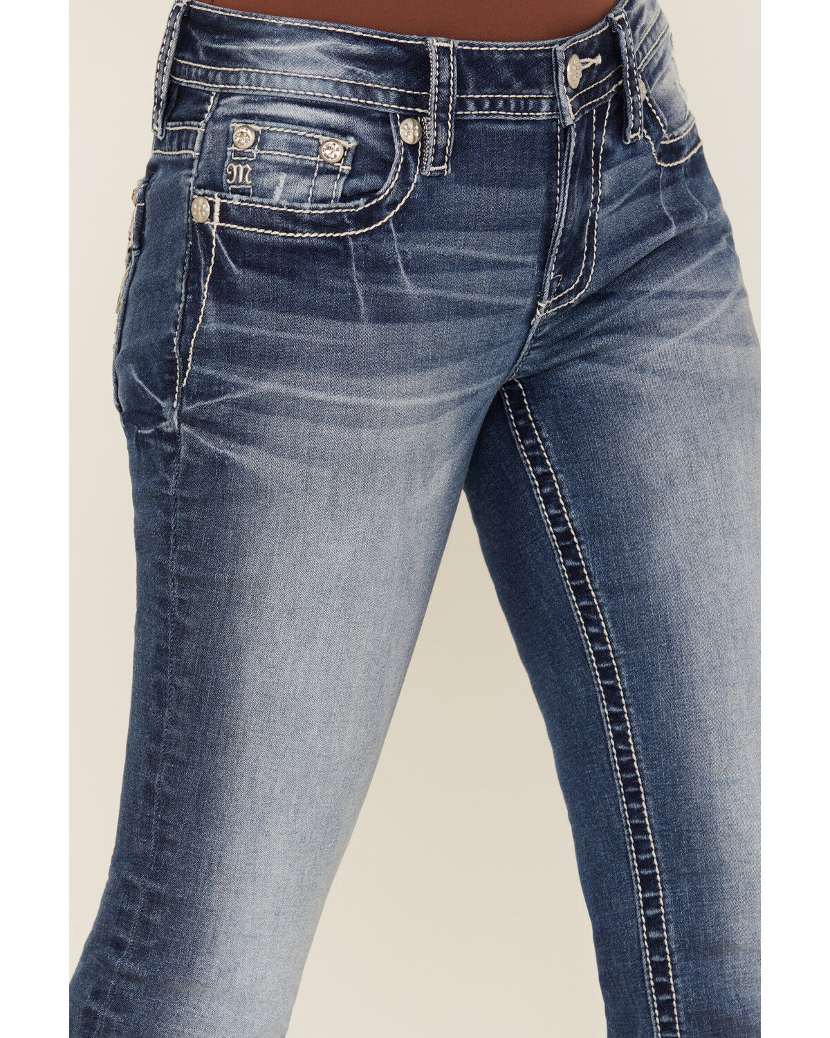 Miss Me Women's Medium Wash Mid Rise Winged Pocket Bootcut Stretch Denim Jeans