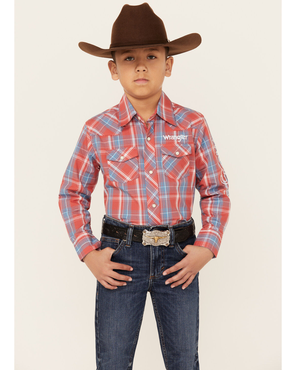 Wrangler Boys' Logo Plaid Print Long Sleeve Snap Western Shirt