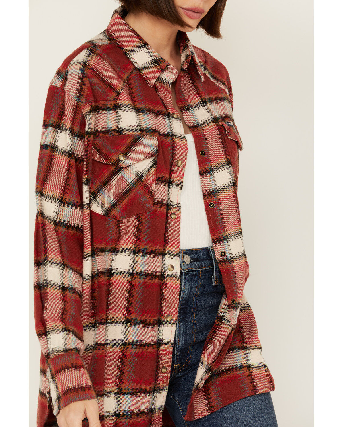Wrangler Women's Plaid Print Long Sleeve Snap Boyfriend Flannel Shirt