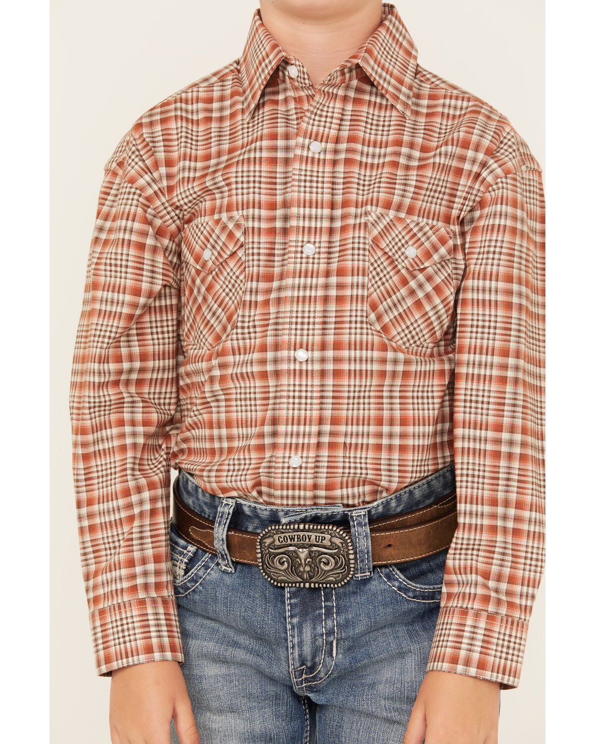Rough Stock by Panhandle Boys' Plaid Print Long Sleeve Pearl Snap Stretch Western Shirt