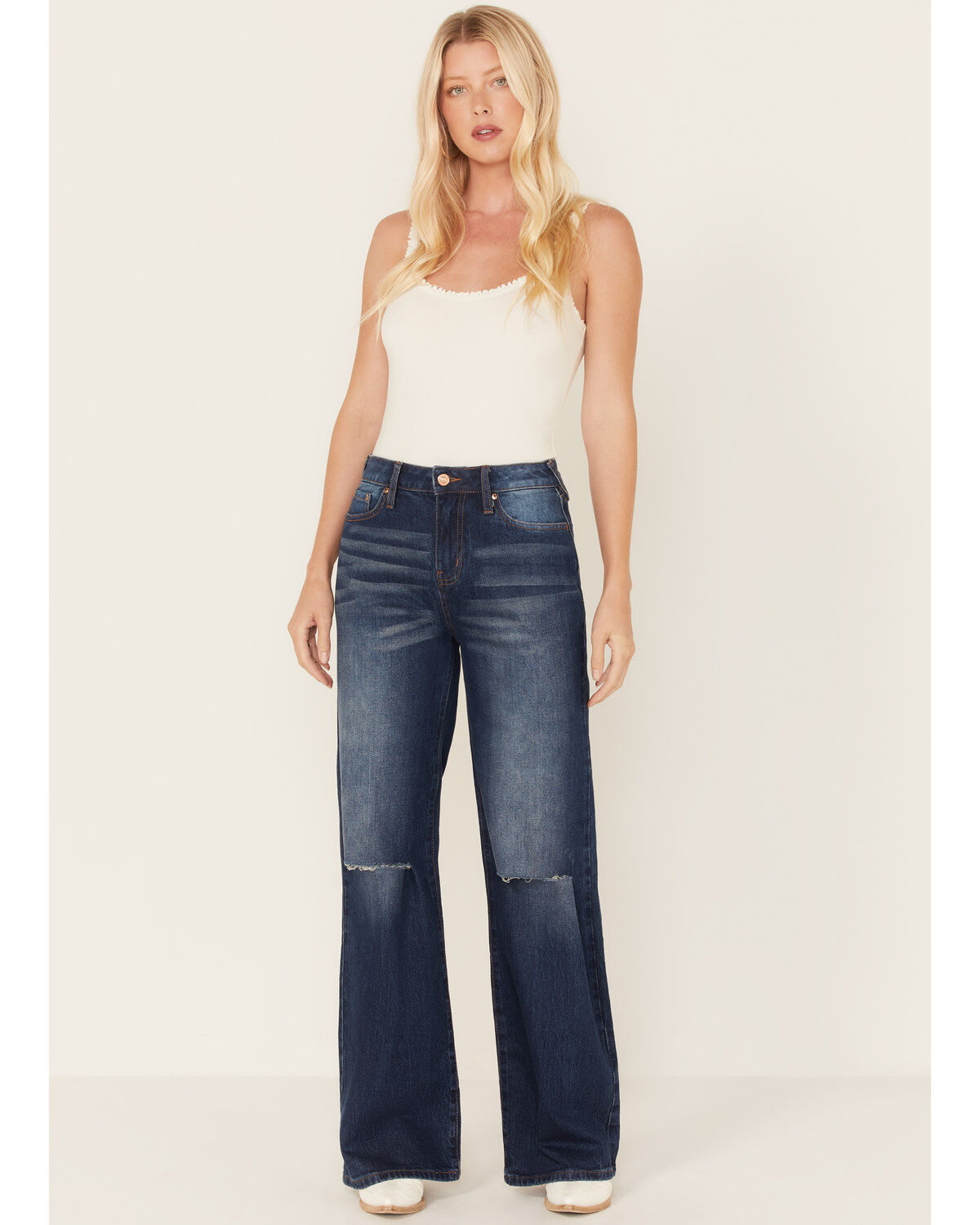 Cleo + Wolf Women's Medium Wash High Rise Distressed Knee Flare Jeans