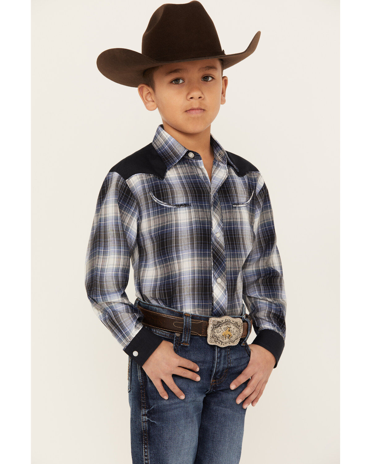 Roper Boys' Plaid Print Long Sleeve Pearl Snap Retro Western Shirt