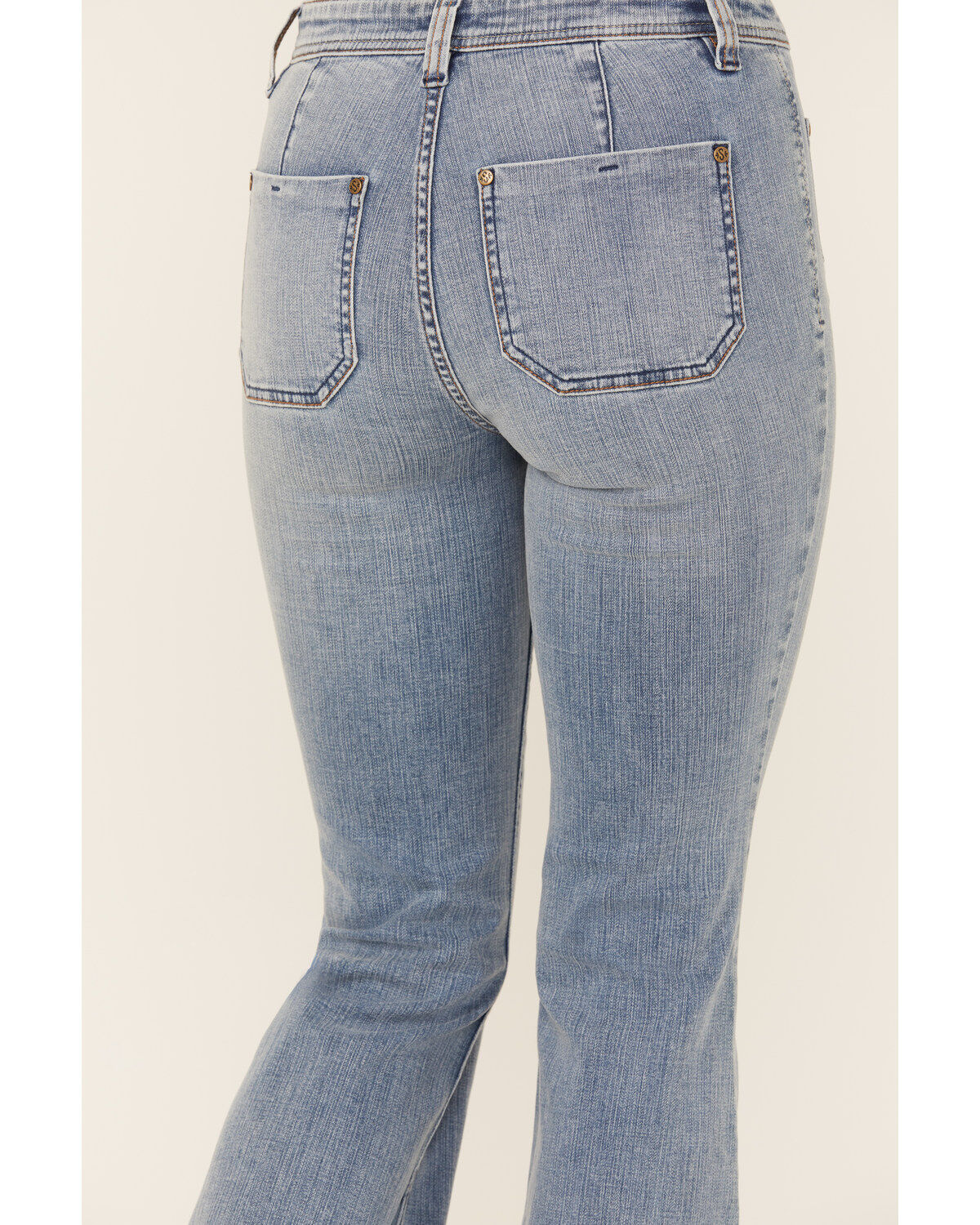 Shyanne Women's Luna Medium Wash High Rise Patch Pocket Flare Comfort Stretch Denim Jeans