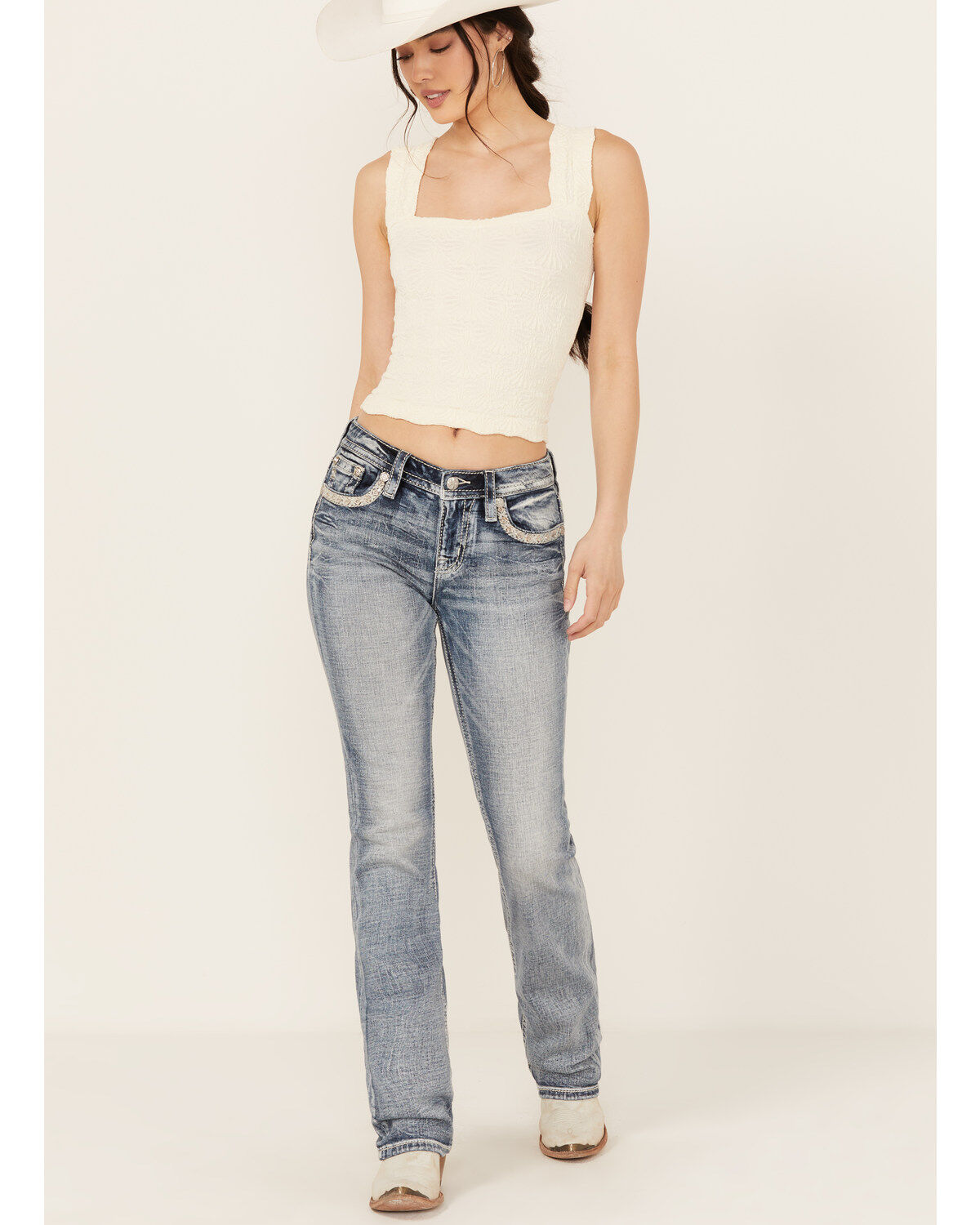 Miss Me Women's Medium Wash Mid Rise Bootcut Stretch Denim Jeans