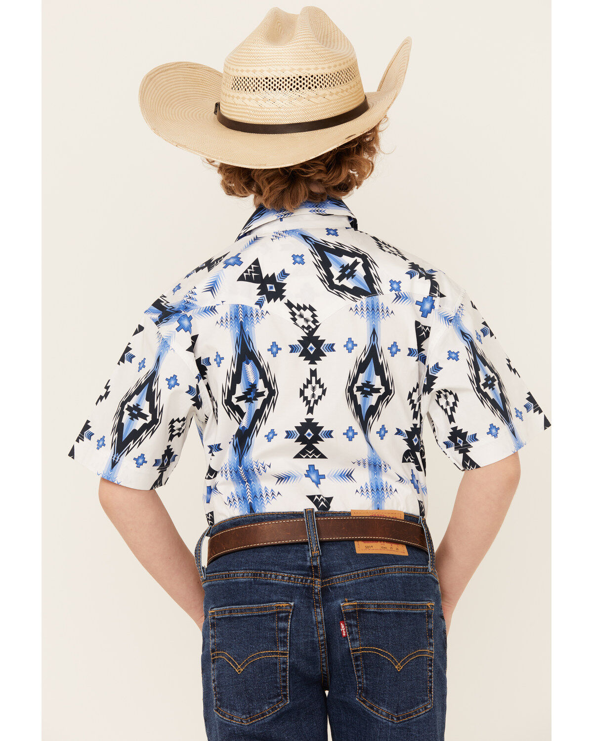 Rock & Roll Denim Boys' Southwestern Print Short Sleeve Pearl Snap Stretch Western Shirt