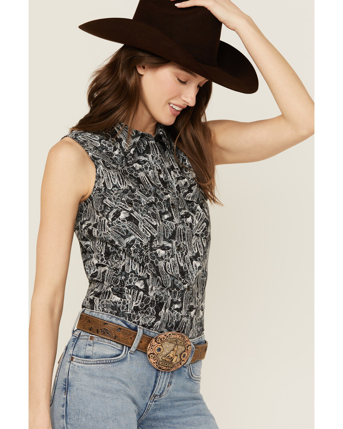 Wrangler Women's Cactus Print Sleeveless Snap Western Shirt