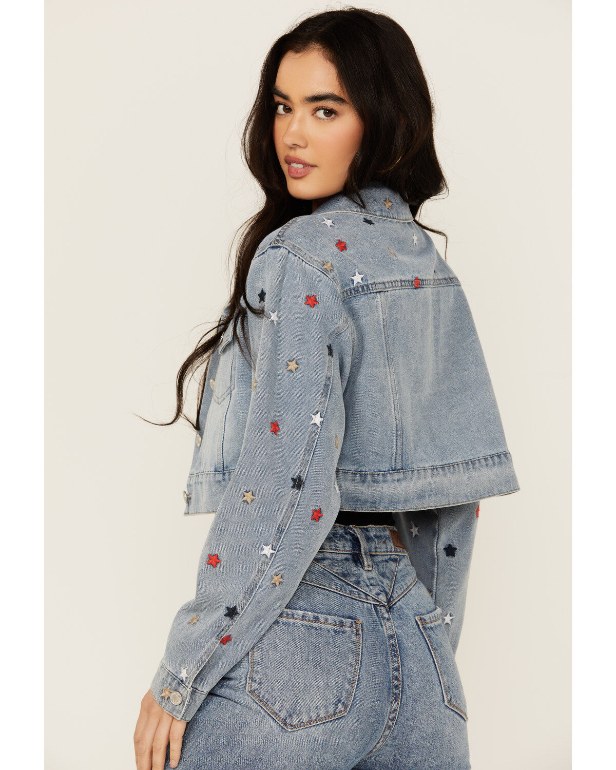 Stoosh Women's Medium Wash Star Embroidered Cropped Denim Jacket