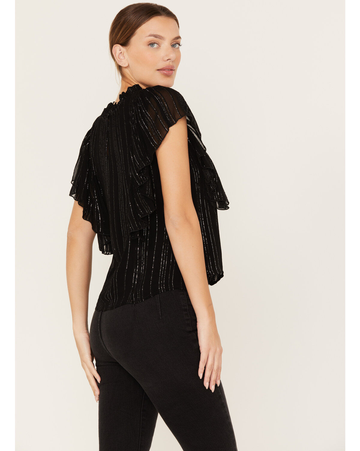 Revel Women's Metallic Striped Flutter Silver Top