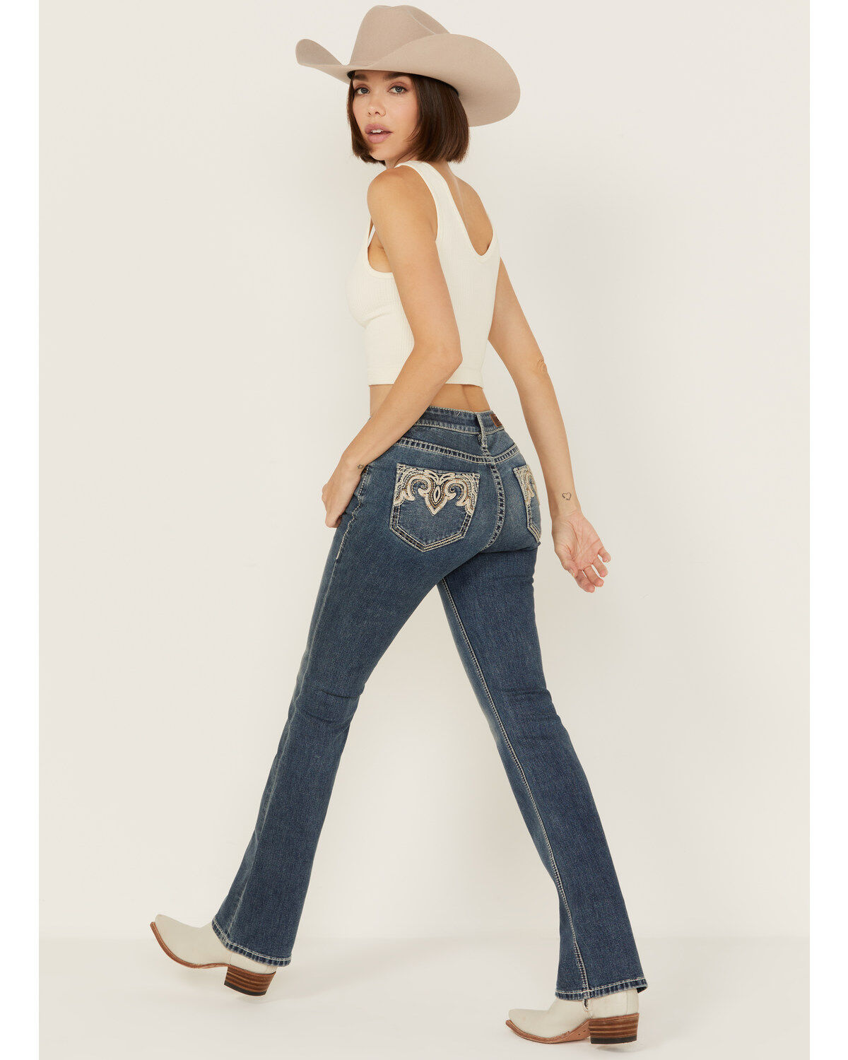 Rock & Roll Denim Women's Medium Wash Mid Rise Leather Embroidered Bootcut Stretch Denim Jeans