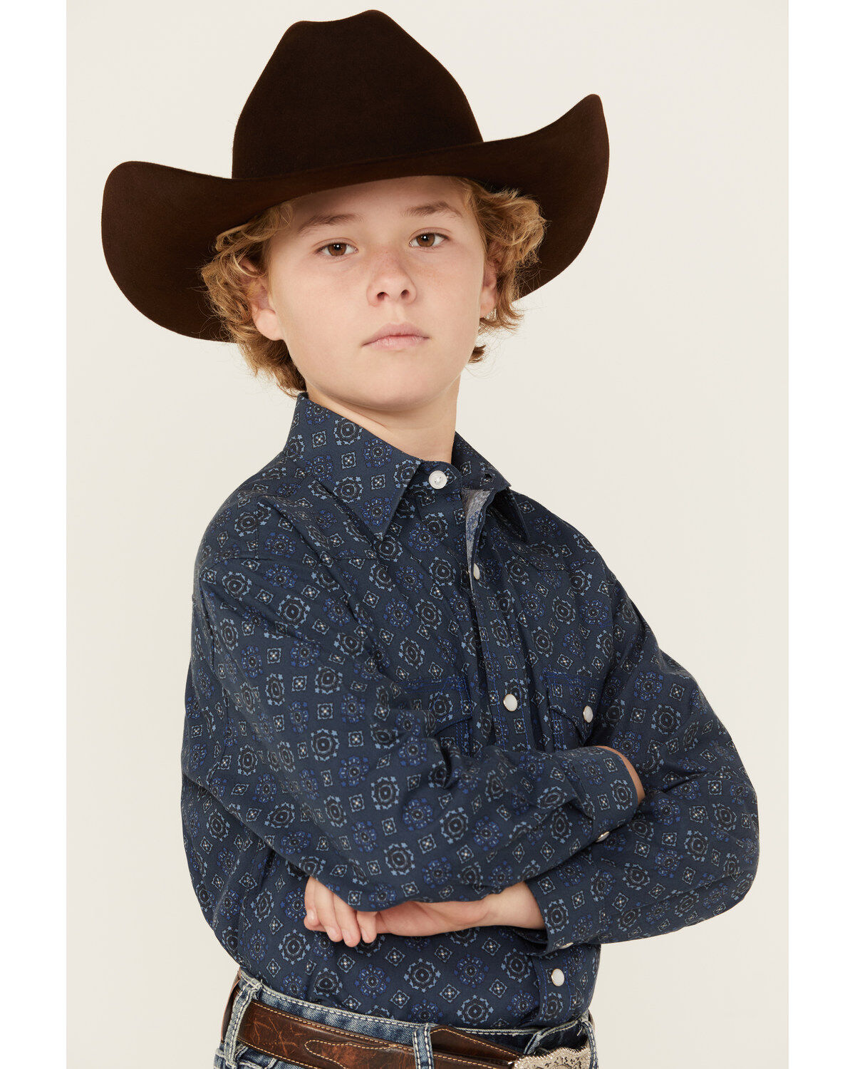 Rock & Roll Denim Boys' Medallion Print Long Sleeve Pearl Snap Western Shirt