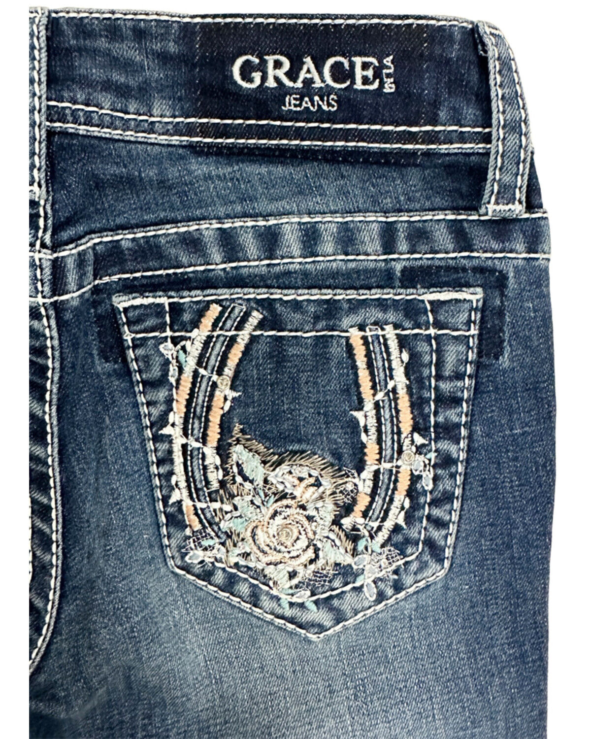Grace in LA Girls' Dark Wash Floral Horseshoe Pocket Bootcut Stretch Denim Jeans