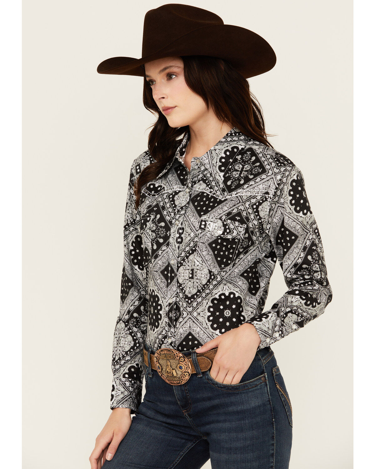 Cowgirl Hardware Women's Bandana Print Long Sleeve Snap Western Shirt